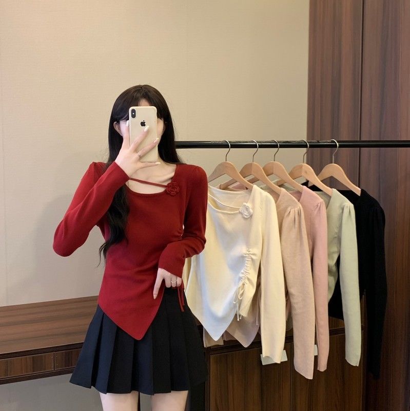 Dopamine tops Free shipping Tattoo Dopamine red three-dimensional flower long-sleeved knitted sweater for women's early autumn side drawstring closed waist and thin outer wear small top
