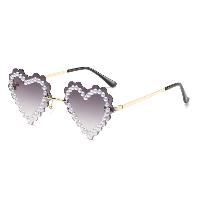 Women's fashion glasses 欧美新款无框切边镶珍珠爱心太阳镜网红街拍墨镜跨境水钻潮眼镜