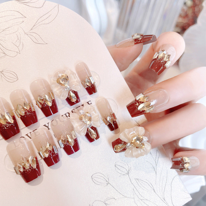 Fashion  nail New Year Manicure Wear Nail Ins Advanced Pure Desire Wind Nail Patch Finished Product Wear Nail Rhinestone Bow U23