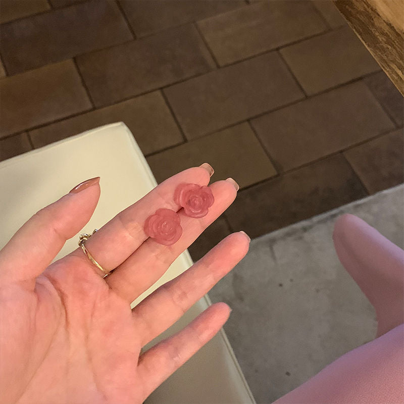 银针粉色系水蜜桃爱心耳环小清新郁金香花朵耳钉小众设计感耳饰女