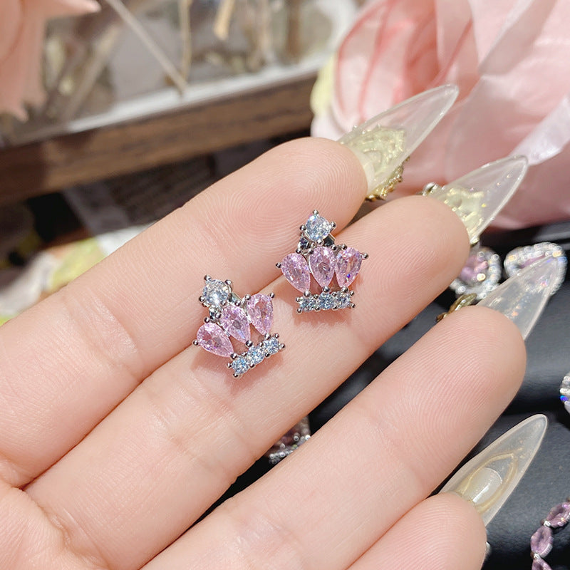 山茶璀璨粉宝石爱心耳饰 设计师镀18K金高定轻奢款蝴蝶结锆石耳钉