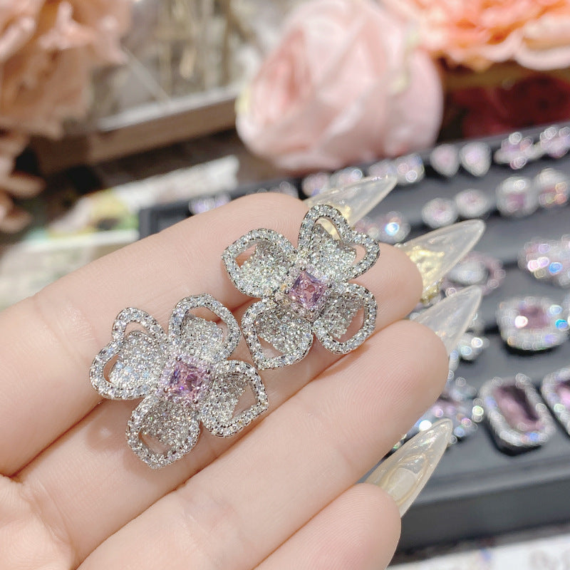 山茶璀璨粉宝石爱心耳饰 设计师镀18K金高定轻奢款蝴蝶结锆石耳钉