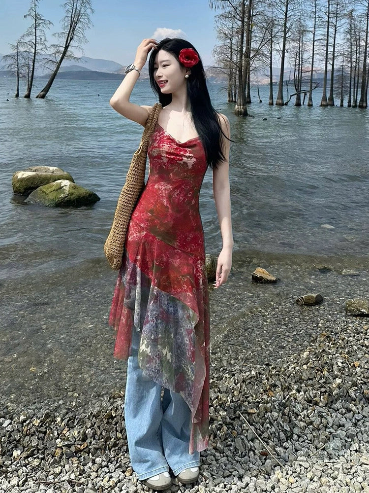 Fashion women's wear Red Small Floral Mesh Camisole Dress Women's Summer Seaside Design Sense Niche Waist Slimming Irregular Long Dress