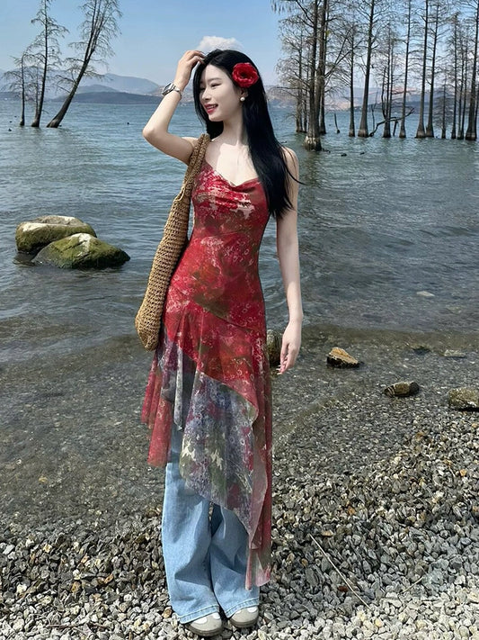 Fashion women's wear Red Small Floral Mesh Camisole Dress Women's Summer Seaside Design Sense Niche Waist Slimming Irregular Long Dress
