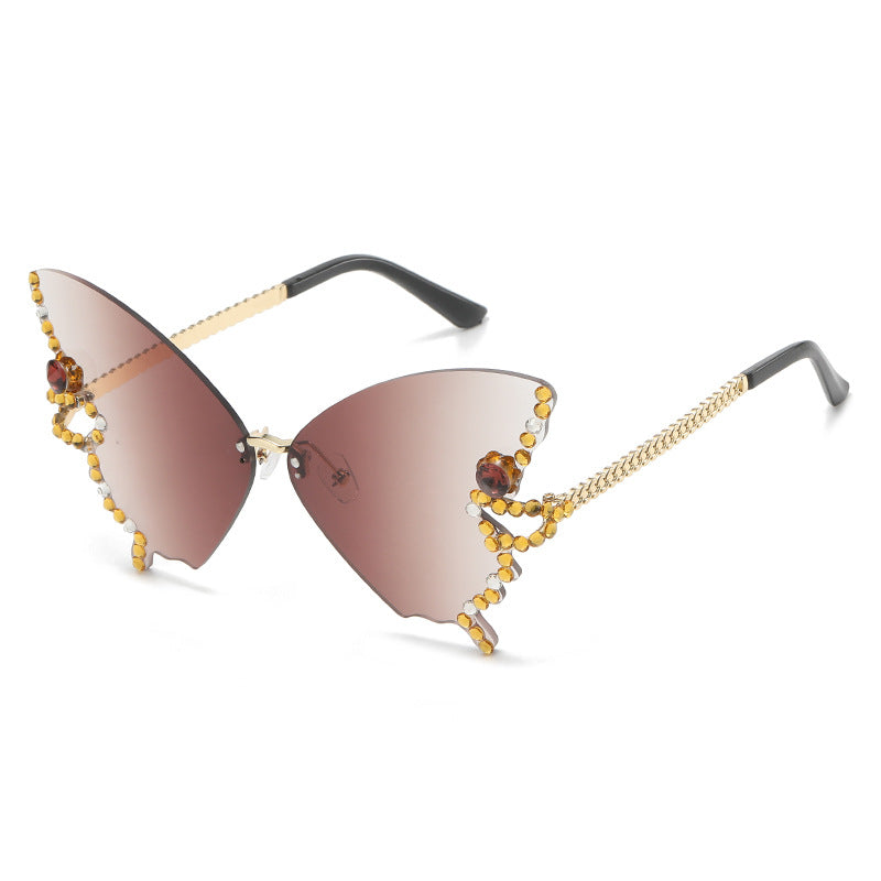 Women's fashion glasses 跨境2023新款蝴蝶形状镶钻无框太阳镜女时尚个性夸张墨镜欧美网红