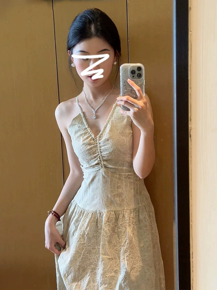 Fashion women's wear French Style V-neck Halter Sleeveless Sling Dress 2024 New Spring and Summer Design Sense Niche Waist-Slimming Long Dress Children