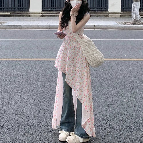 Fashion women's wear Floral Strap Dress Women's Summer Small Waist Slimming Sweet and Spicy Skirt Jeans Two-Piece Suit
