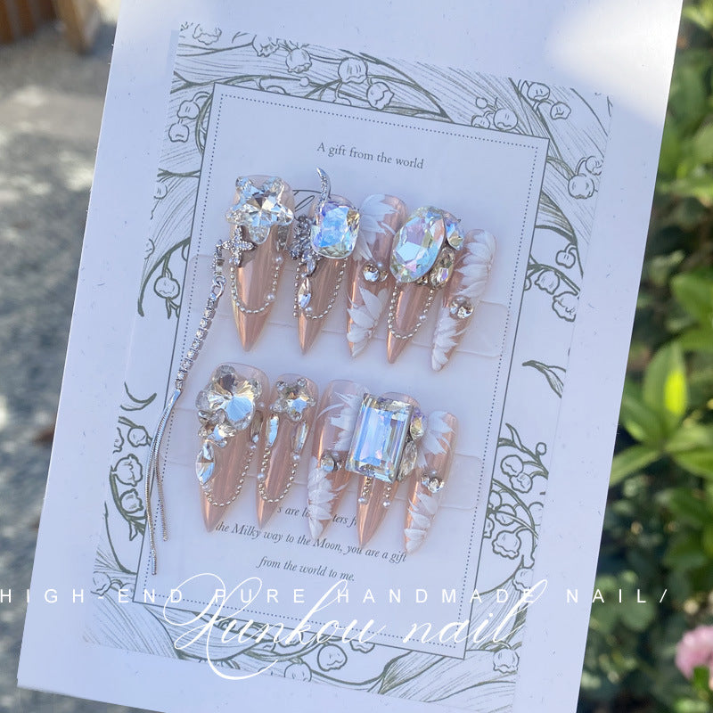(Hand-Made Nail) Pure Hand-Wear Nail Polish Ice Transparent Nude Pink Flashing Flower Butterfly Blooming Detachable Heavy Hand-Painted