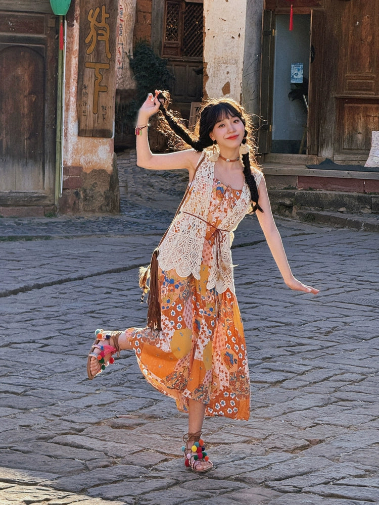 Dopamine dress Free shipping Tattoo Printed Suspender Dress Female Sweet Mori Vest Shawl Pastoral Summer Dopamine Seaside Dress
