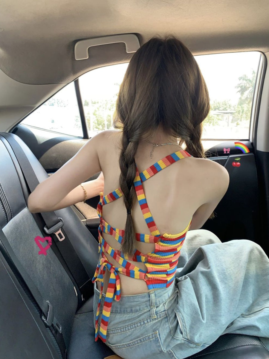 Dopamine tops Free shipping Tattoo Halter Rainbow Neck Sling Small Vest Women's Summer Strap Dopamine Wear Thai Seaside Spice Girl Top
