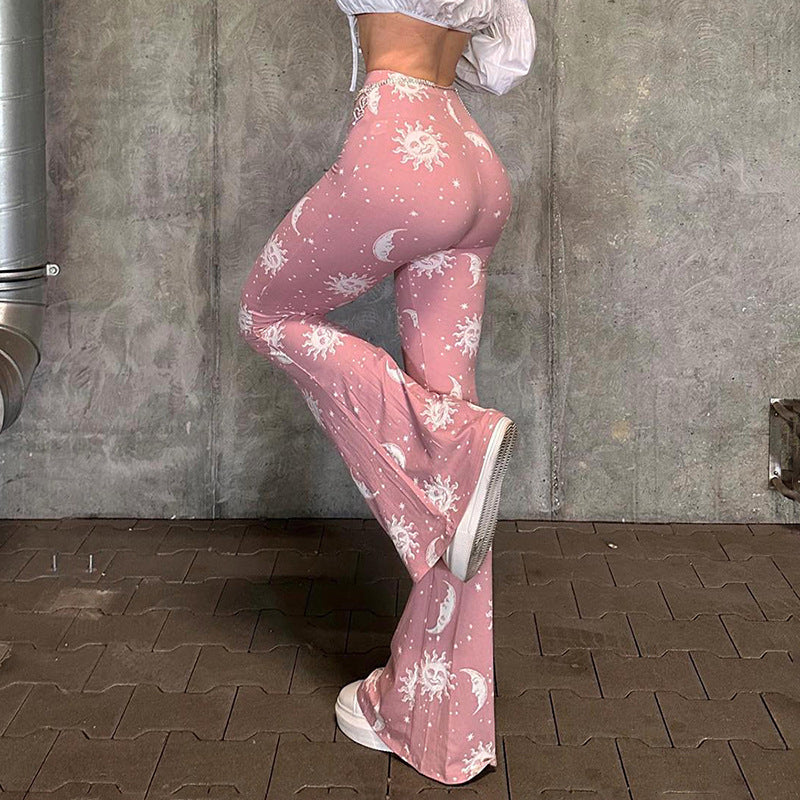 Fashion women's wear Q23pt305   Starry Sky Sun Pattern Printing High-Waist Pink Flared Pants Women's Pants Summer New