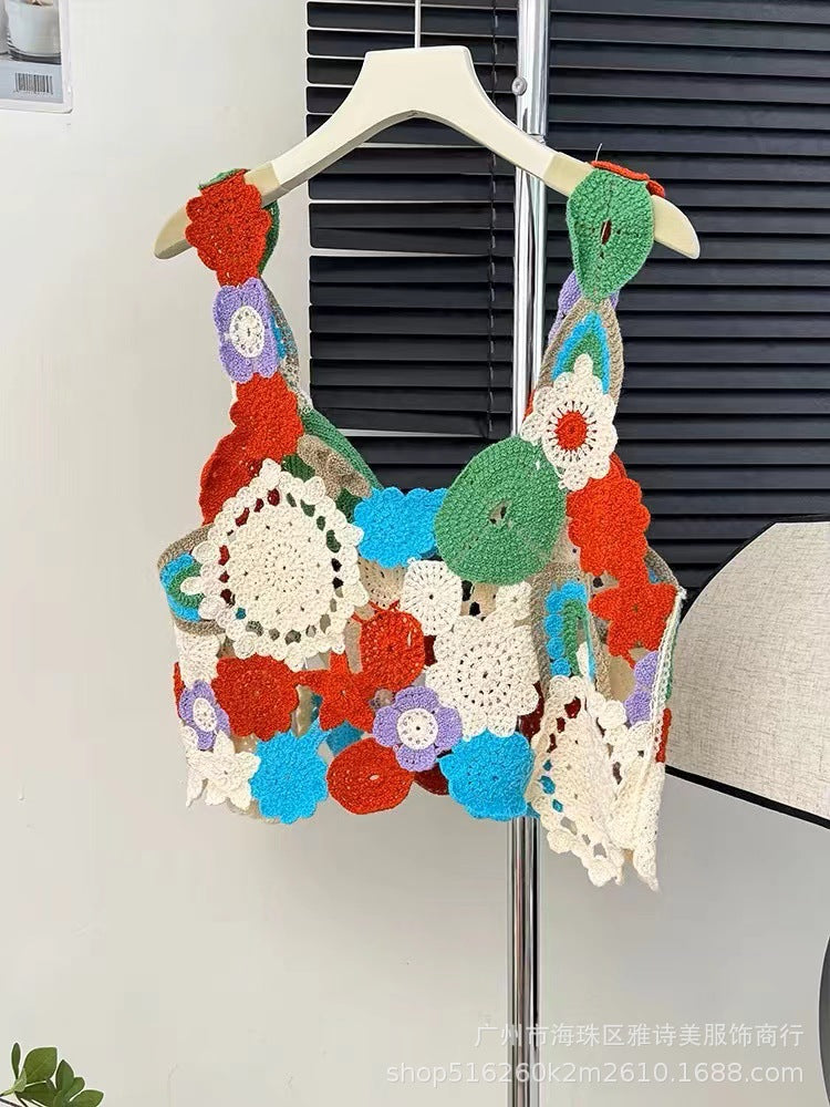 Dopamine tops Free shipping Tattoo Dopamine girly feeling colorful flower hollow sling vest women's summer design sense niche sweet knitted top