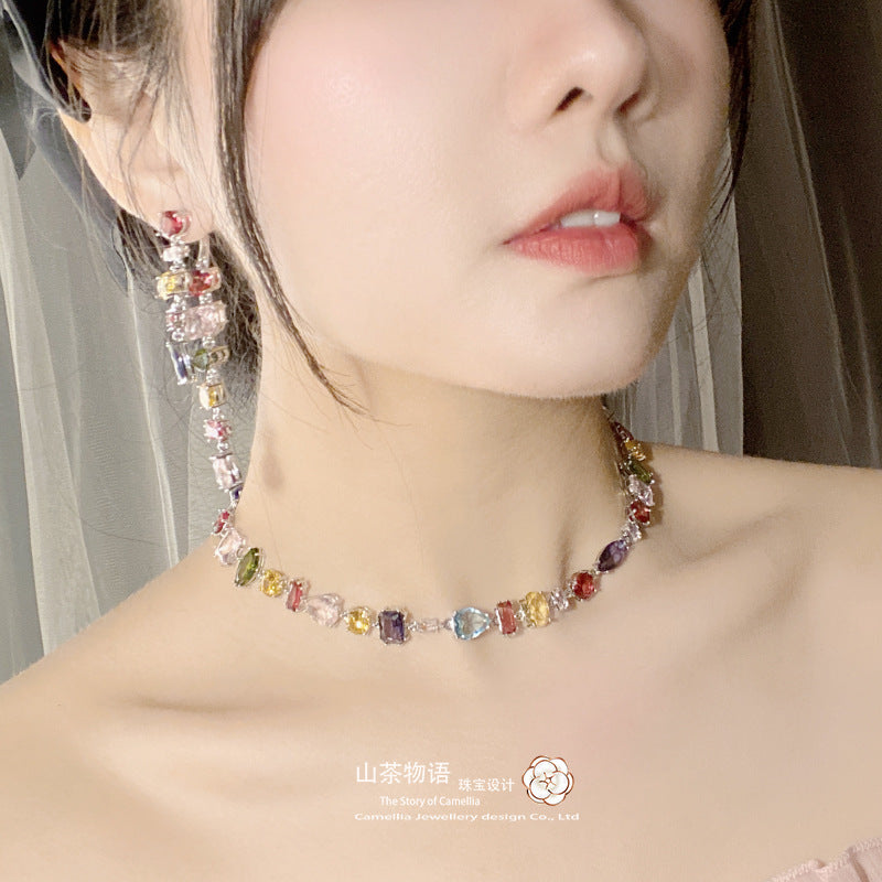 Camellia洛丽塔花园彩虹宝石套装女 镀金糖果彩宝异形锆耳坠手链