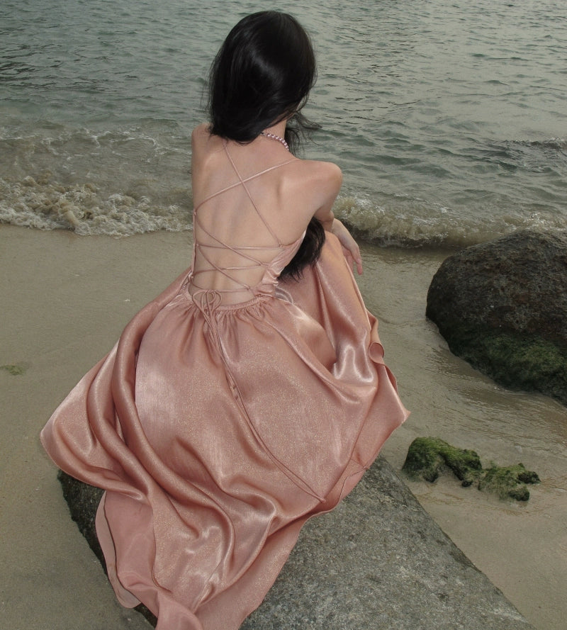 Fashion women's wear French Style Beautiful Sling Dress Women's Summer Senior Sexy Backless Elegant Socialite Seaside Vacation Beach Dress