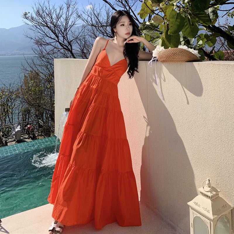 Fashion women's wear Yunnan Travel Photography Fairy Dress Orange Deep V-neck Backless Sling Dress Sanya Seaside Beach Skirt Female