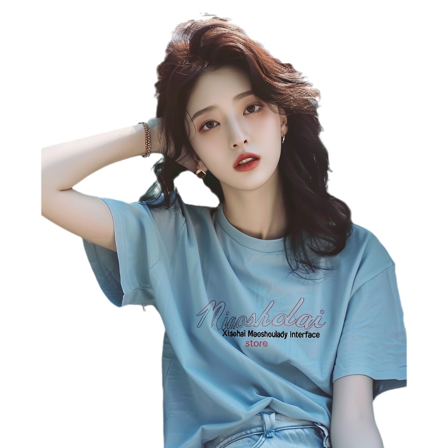 Dopamine tops Free shipping Tattoo This year, a beautiful belly-covering shirt, dopamine, wears a top, front shoulder, blue embroidered letter T-shirt, women's summer.