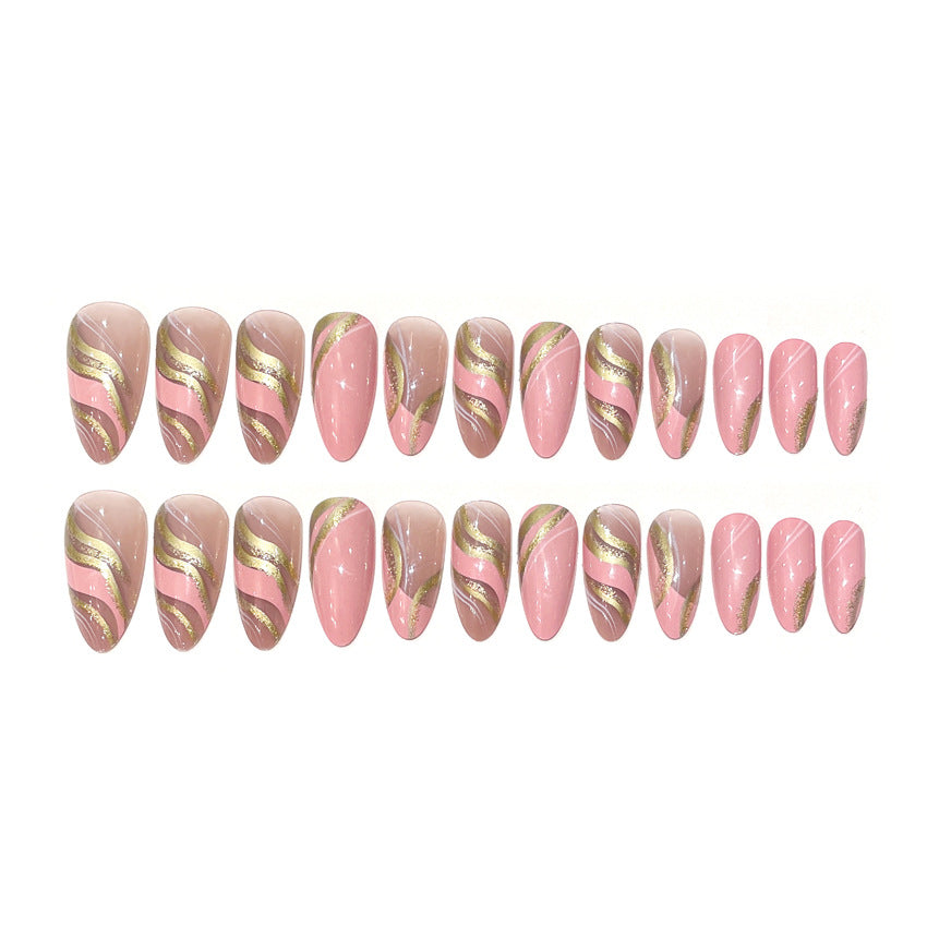 Fashion  nail Pink Barbie Corrugated Long Almond Nail Glitter Hot Girl Ins Style European and American Foreign Trade Nail Tip Wear Nail Tip A60