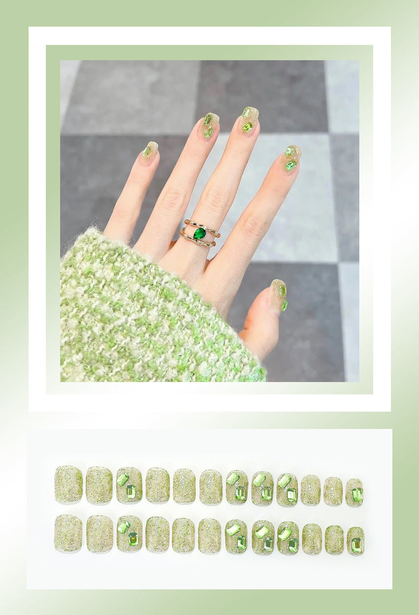 Fashion  nail Internet Celebrity Fake Nail Patch Wear Armor Finished Product Nail Tip Green Square Diamond Nail Stickers Removable Nail Patch Y51