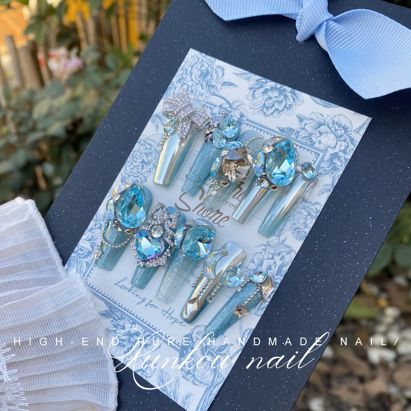 (Hand-Made Nail) Handmade Wear Nail Manicure Heavy Work Light Luxury Blue Star River Flash Diamond Ice Transparent Blooming Bow Hand Painted