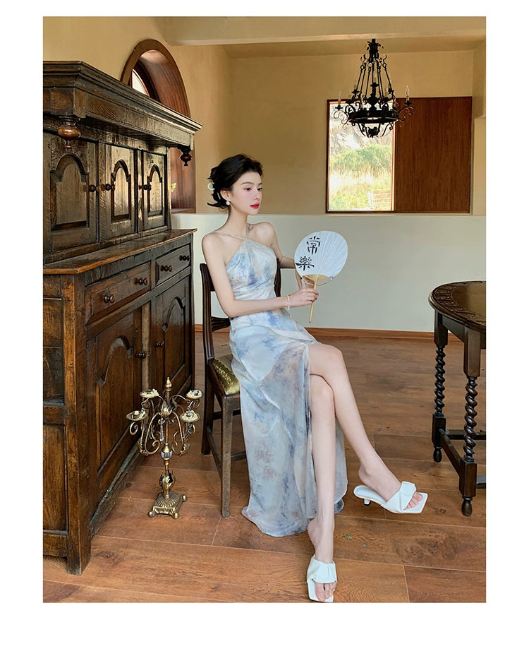Fashion women's wear Chiffon Niche Sleeveless Split Halter Spaghetti Straps Dress Retro Hong Kong Style Tight Waist Seaside Vacation Dress Beach Dress