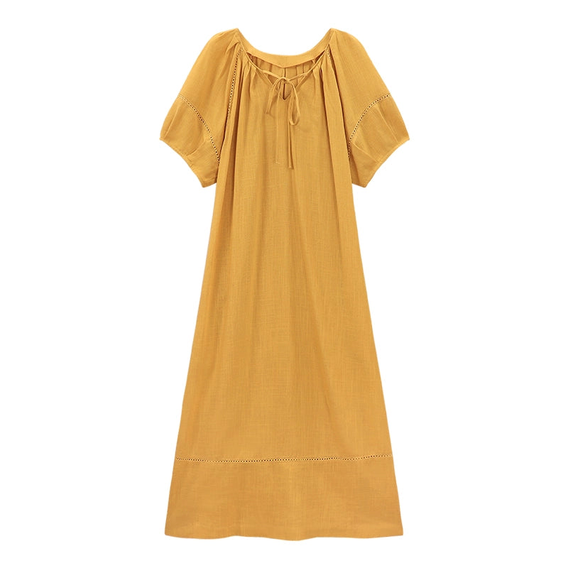Dopamine dress Free shipping Tattoo Dopamine Lantern Sleeve Dress Women's Autumn New Loose V-Neck Lace-Up Lazy Style Chic Over Knee Long Skirt