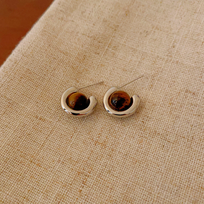 美拉德银针虎眼石几何耳环时尚轻奢复古耳钉高级感百搭耳饰批发女
