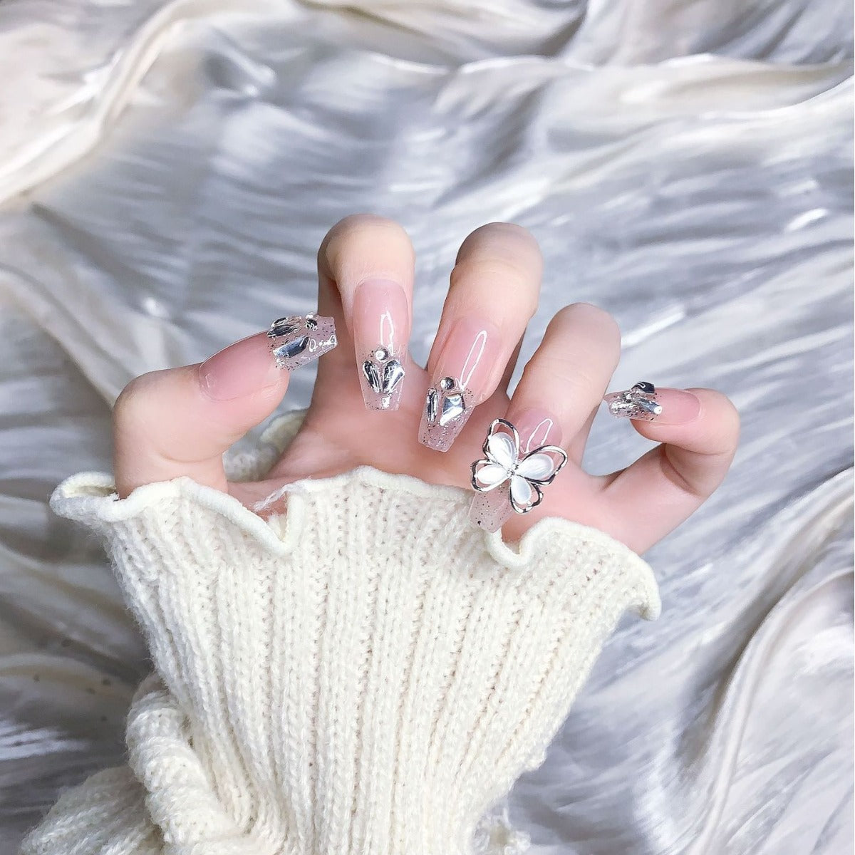 (Hand-Made Nail) Pink Icy Stick-on Crystals Butterfly High-Grade Sense Internet Celebrity Flash Fake Nails Handmade Wear Armor UV Nail
