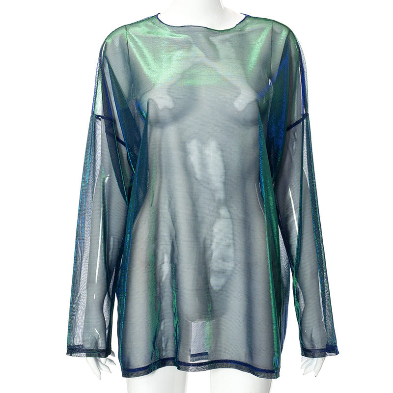 Fashion women's wear D21tp425 Cross-Border Autumn New Solid Color round Neck Pullover Long Sleeve Mesh Micro Transparent Casual Women's Top