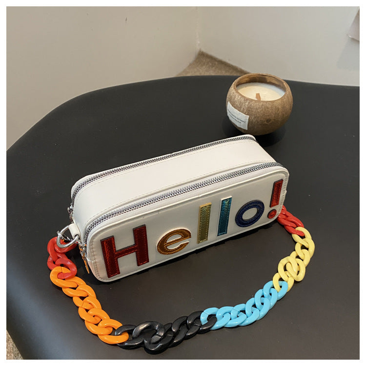 Dopamine Bag Free shipping Tattoo Cross-border women's bags, new dopamine contrasting letters, fashion camera bags, zipper, small square bag, acrylic chain, single shoulder.