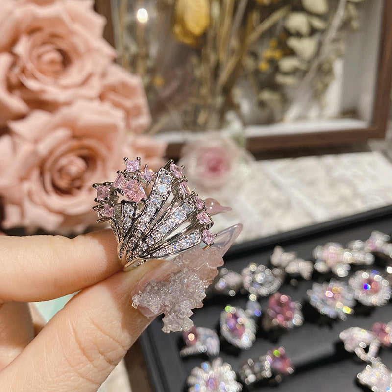 山茶璀璨粉色爱心轻奢公主戒指女 精工镀18K蝴蝶结阿斯切粉锆指环