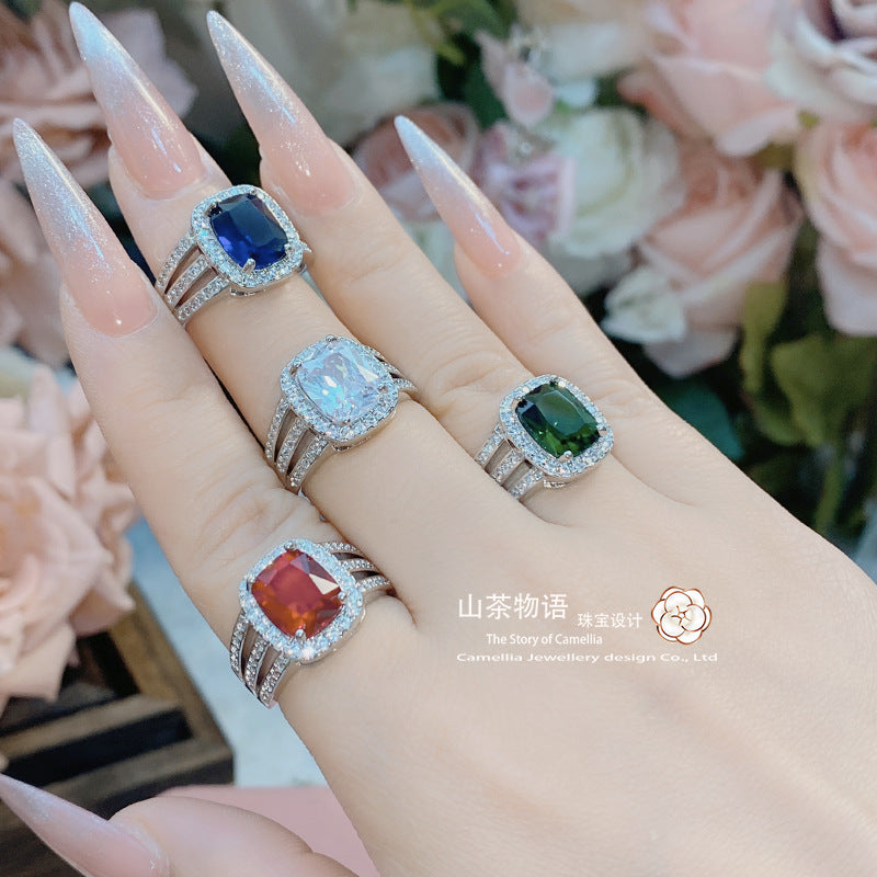 Camellia新款欧美重工仿真钻戒指 镀18k铂金双层超闪5A锆石指环女