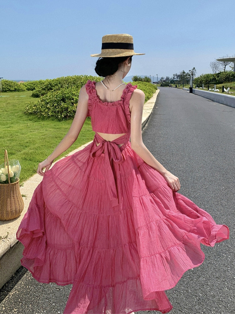 Fashion women's wear Beach Skirt Women's Seaside Vacation Heavy Industry Backless Lace up Sling Dress Temperament Show White Large Skirt Fairy Dress