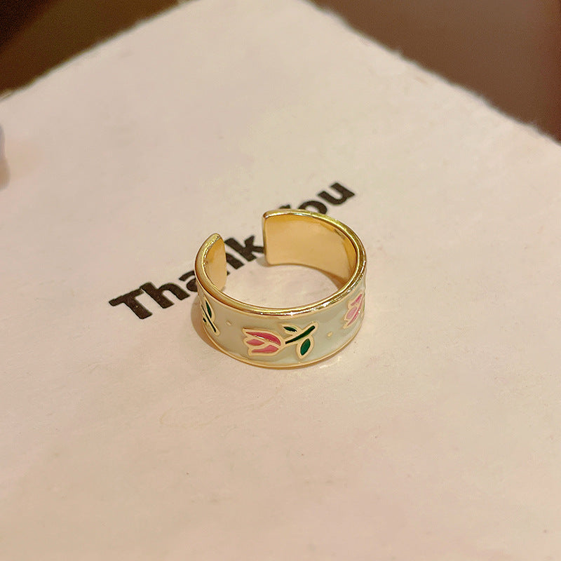 真金电镀滴油花朵开口戒指港风甜美百搭食指戒复古时尚手饰批发