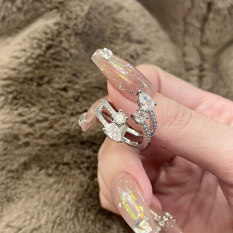 闪亮锆石几何戒指女时尚气质多层线条开口指环ins风网红食指戒潮