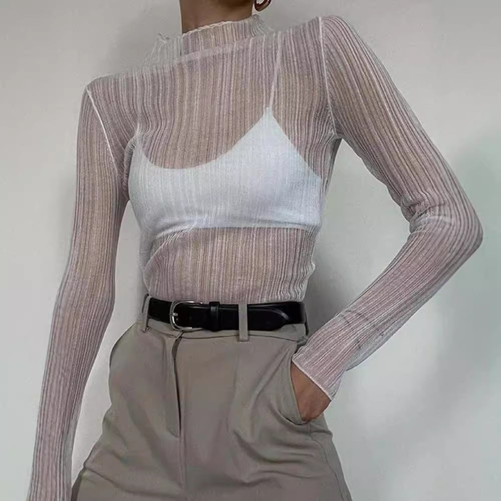Free shipping  new women's clothing long-sleeved mesh see-through T-shirt women's solid color turtleneck slim-fit top tops