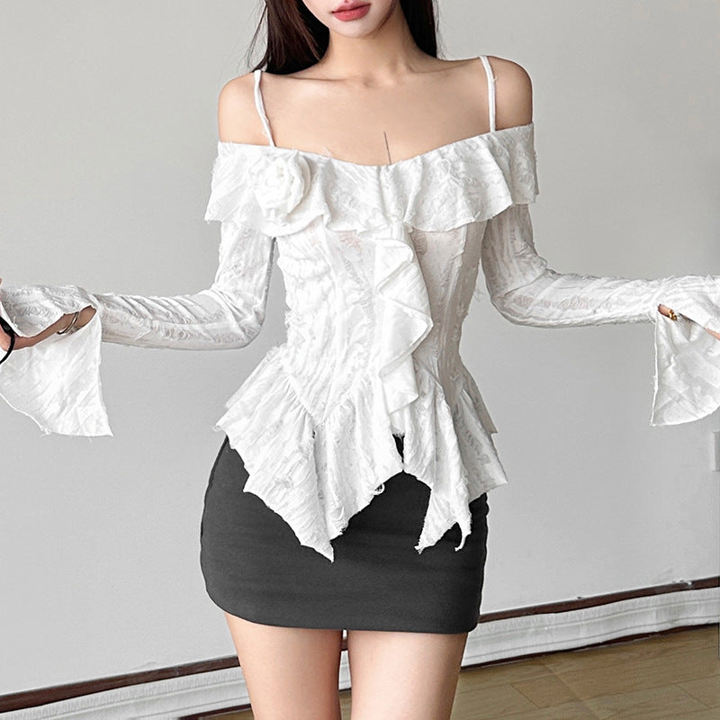 Free shipping new women's clothing solid color slim-fit street fashion one-word collar long-sleeved halter top tops