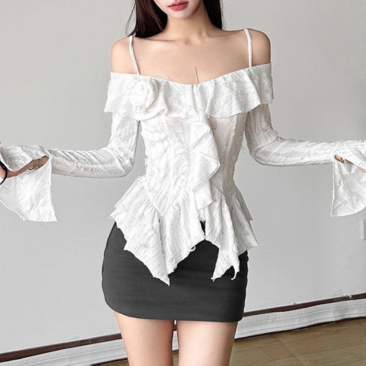 Free shipping new women's clothing solid color slim-fit street fashion one-word collar long-sleeved halter top tops