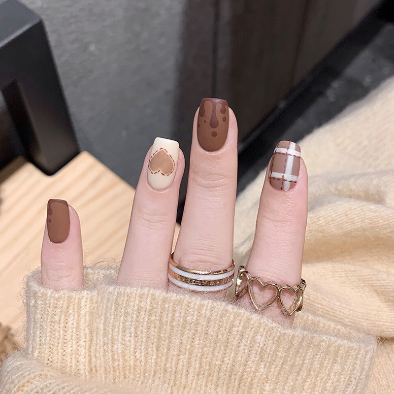 可可曲奇穿戴甲秋冬指甲贴片流心美甲片毛衣格假指甲美甲贴片成品