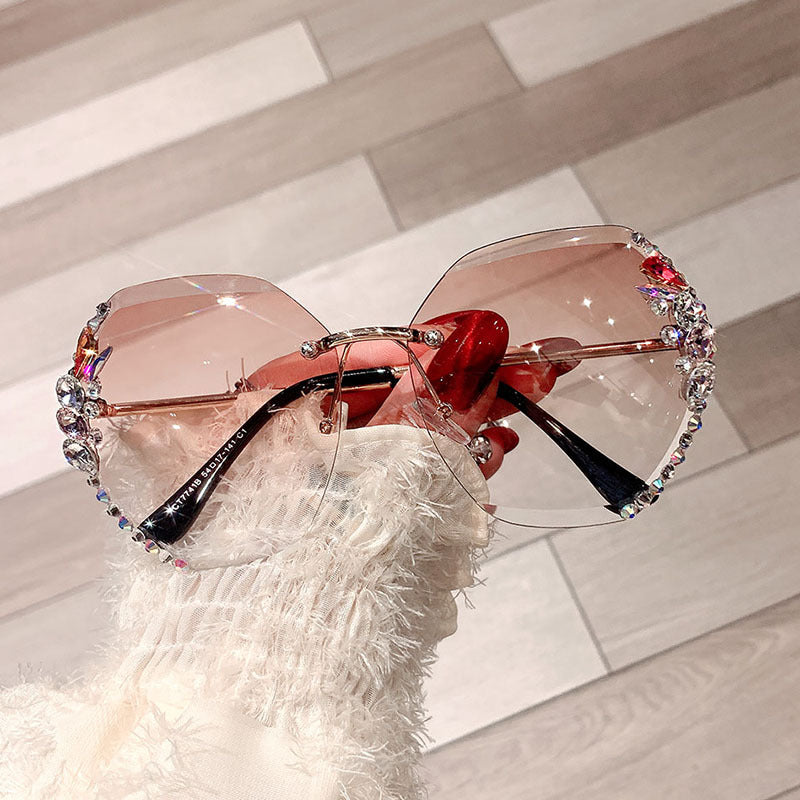 Women's fashion glasses 跨境太阳镜跨境新款镶钻墨镜大脸显瘦防紫外线水晶切边女士太阳镜