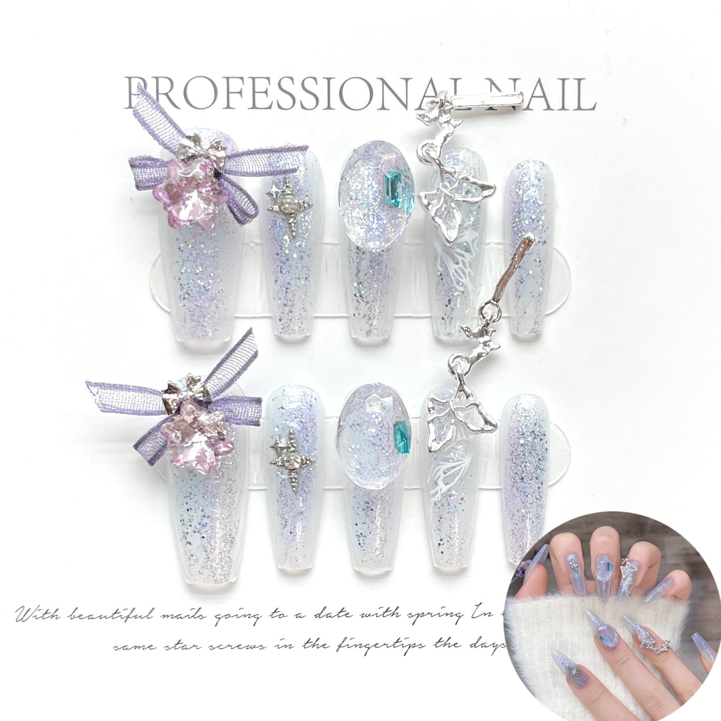 (Hand-Made Nail) [Original Real Shot] Butterfly Romantic Pink Purple Pure Desire Light Luxury Crystal Thin and Glittering Pure Handmade Wear Armor Can Be Repeated