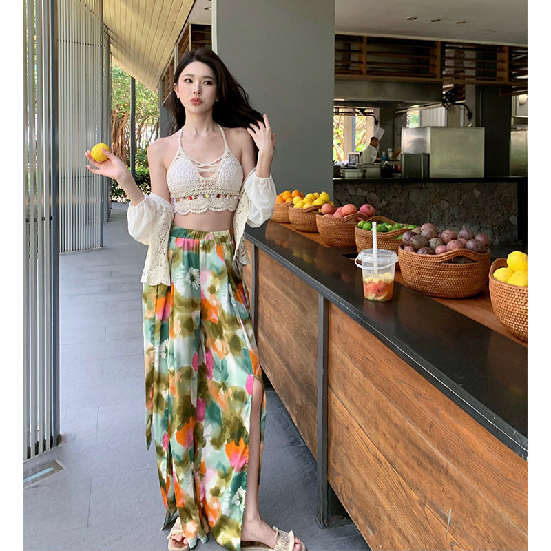 Dopamine pants Free shipping Tattoo Dopamine floral wide-leg pants seaside wear with flower pants summer women's high-waisted trousers bohemian culottes beach pants