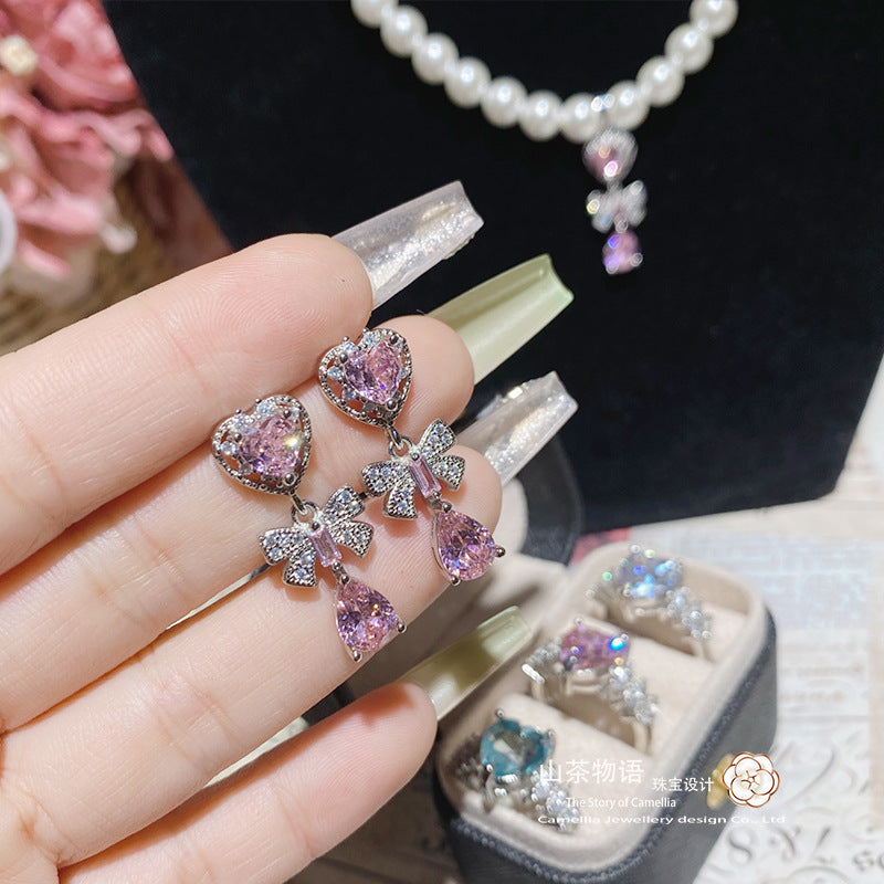 珠宝首饰山茶日系新款温柔甜美小香设计满钻耳饰  镀金微镶粉色系银针耳钉