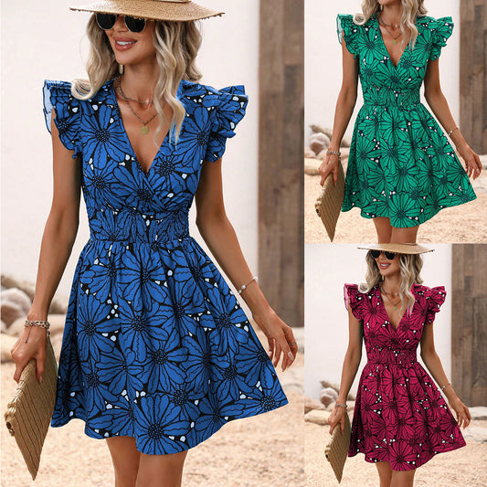 Fashion women's wear Summer 2024 Cross-Border Foreign Trade V-neck Tight Waist Sexy Large Flower Ruffled Sleeveless Dress