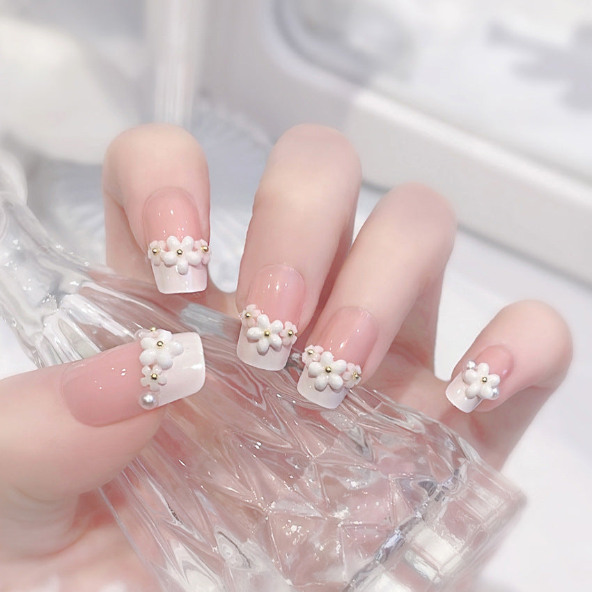 Fashion  nail New Fresh Sweet French Style Pearl Flower Nail Stickers Fake Nails Fresh Hand-Worn Armor A41