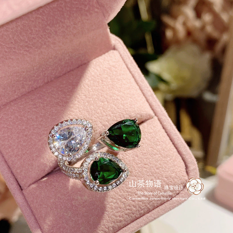 Camellia璀璨高级感ins孔雀绿锆仿钻石戒指 可调节轻奢冷淡风指环