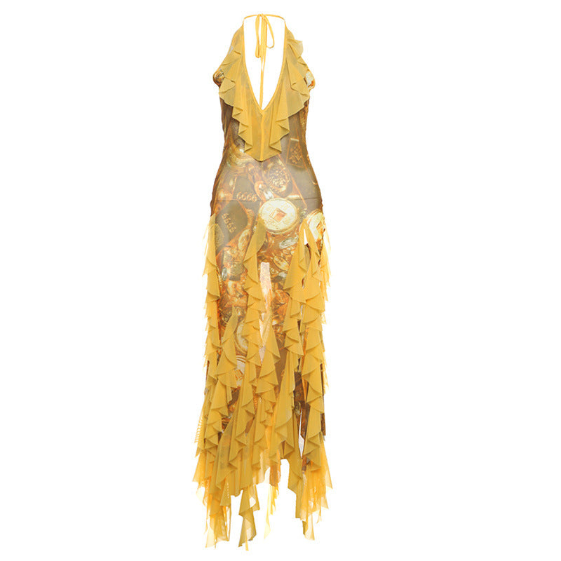 Free shipping  summer new sexy ruffle edge vacation style Spice girl neck suspender skirt woman dress