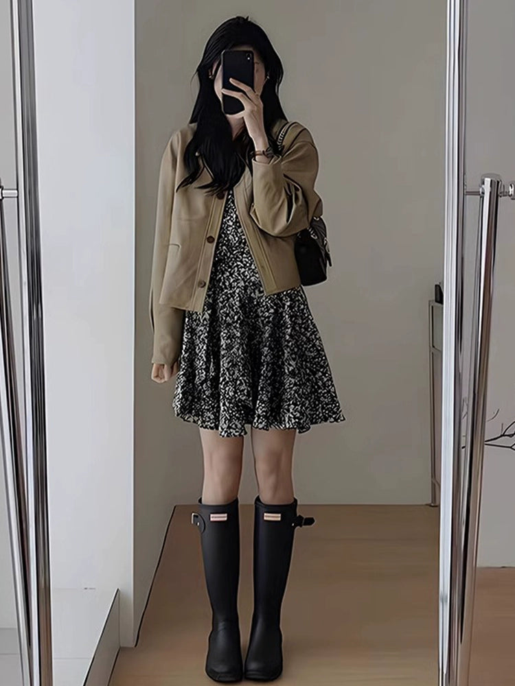 Fashion women's wear French Style Temperament High-Grade Floral V-neck Long-Sleeve Dress Children's Spring 2024 New Inner Wear Cinched Short Dress
