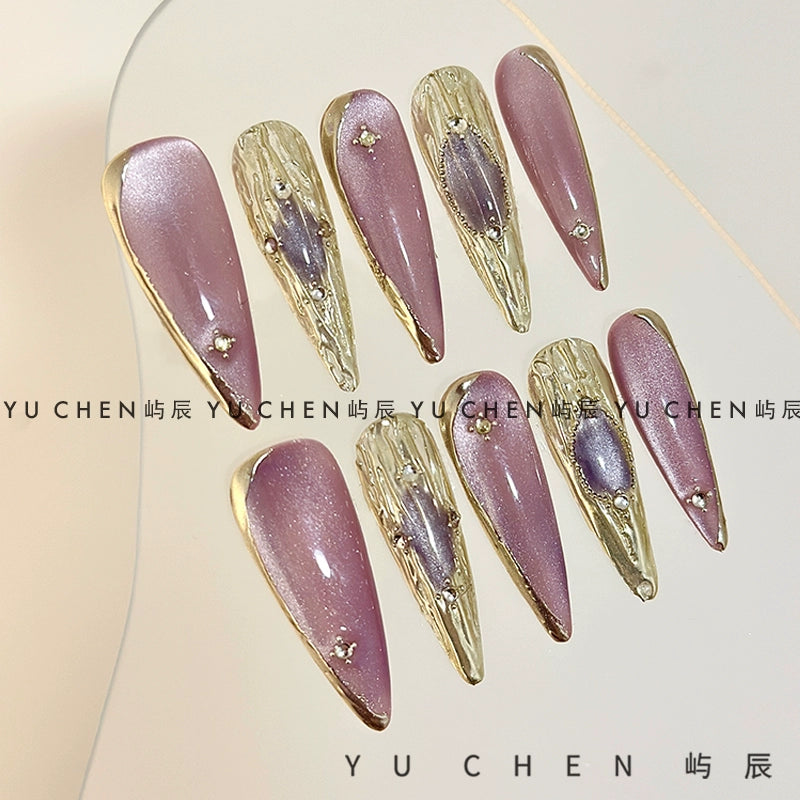 (Hand made nail) Original by Yuchen | Purple Buchirati Nail Wearing Nail Handmade Cat Eye Light Gold 3D Relief Heavy Industry