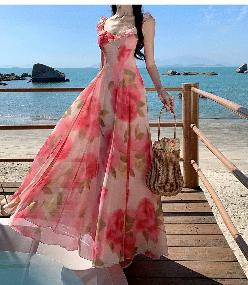 Fashion women's wear Tea Break French Chiffon Sling Dress Fairy Summer Sanya Seaside Vacation Beach Swing Long Dress Elegant