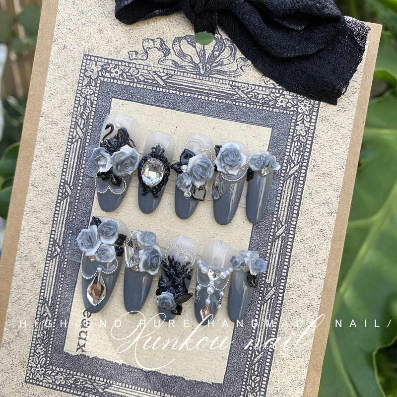 Hand-Made Nail Factory Straight Hair Manicure Black Swan Three-Dimensional Black Color with Carved Flower Rose Dark High Grade Gray